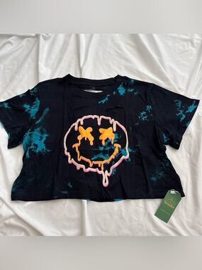 Mido Black Crop Tee with Teal Tie-Dye & Neon Smiley